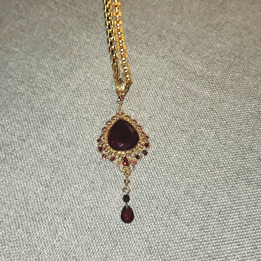 Faux Ruby Necklace, Faux Gold and Red Gem
